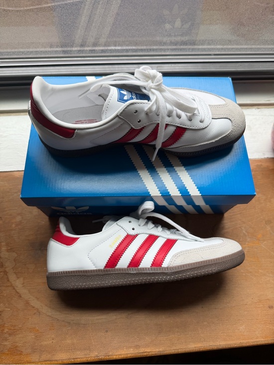 adidas Shoes - adidas Samba Sneakers - White with Red Stripes and Gum Sole